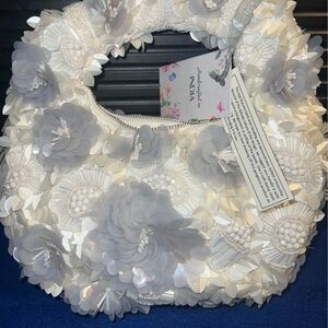 Floral Embellished White and Gray Handmade Handbag